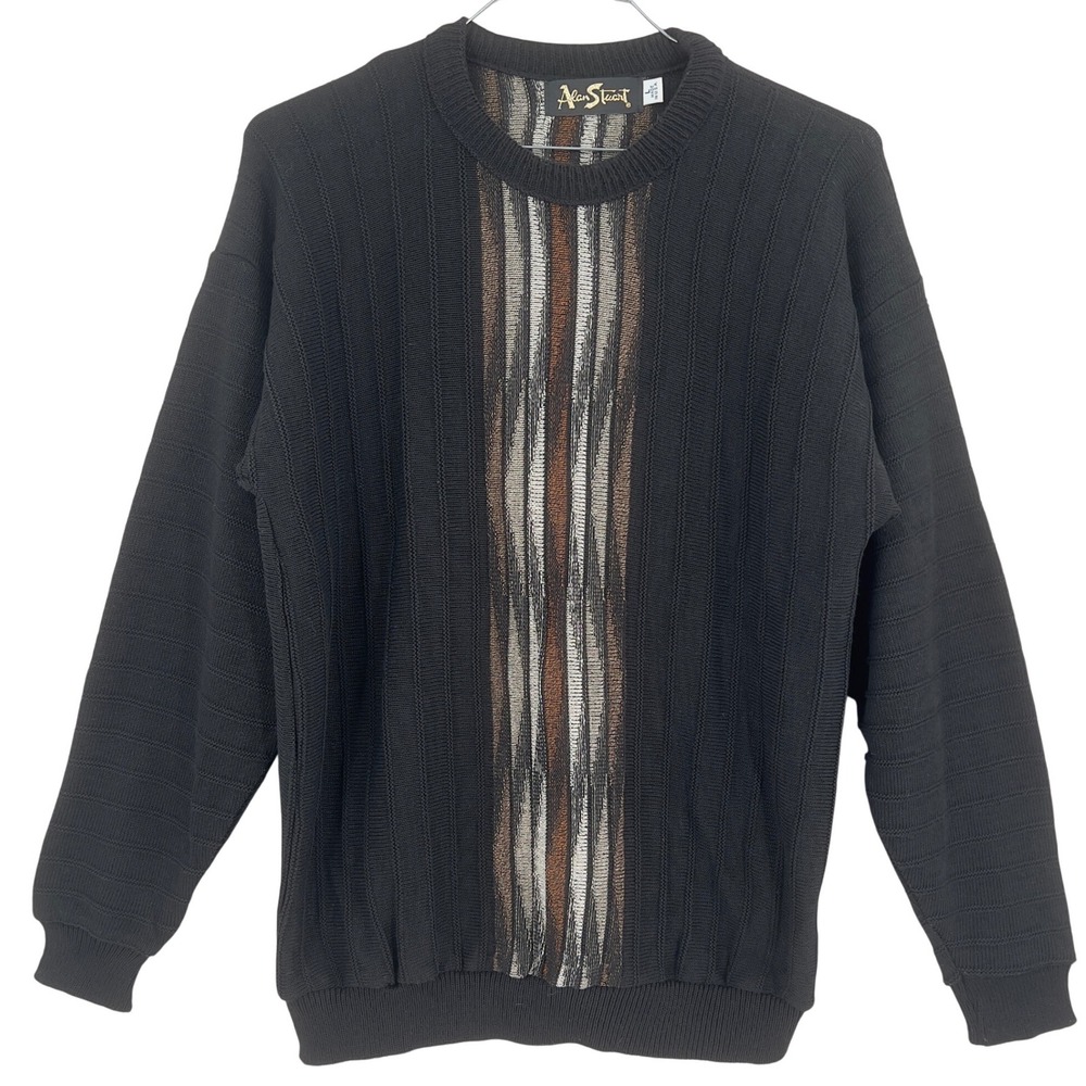 Alan Stuart‎ Mens Sweater Black Brown Abstract Stripe Textured Knit Vintage L